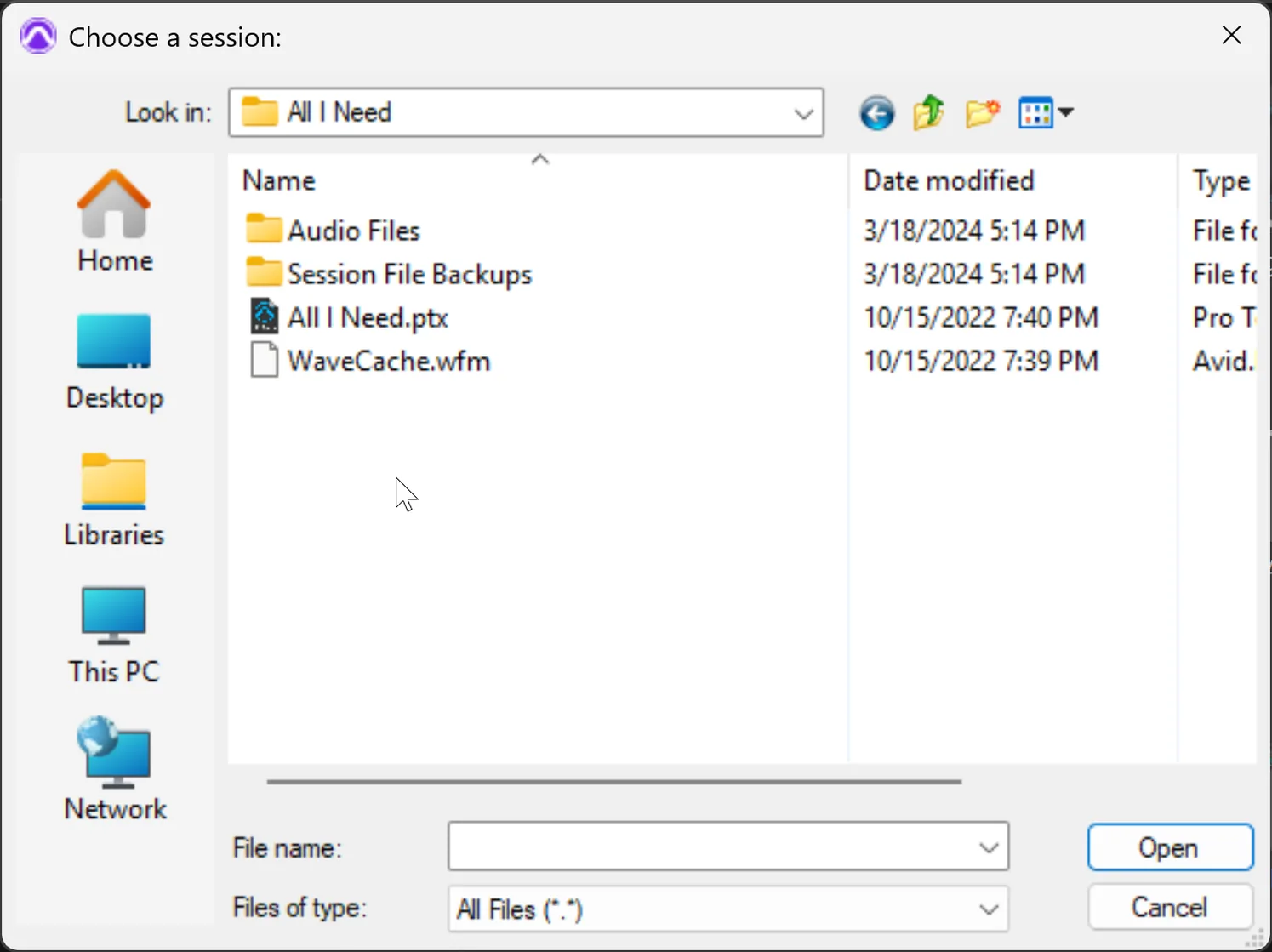 Screenshot of a file browser showing a Pro Tools session folder containing the .ptx session file alongside Audio Files and Session File Backups subfolders.