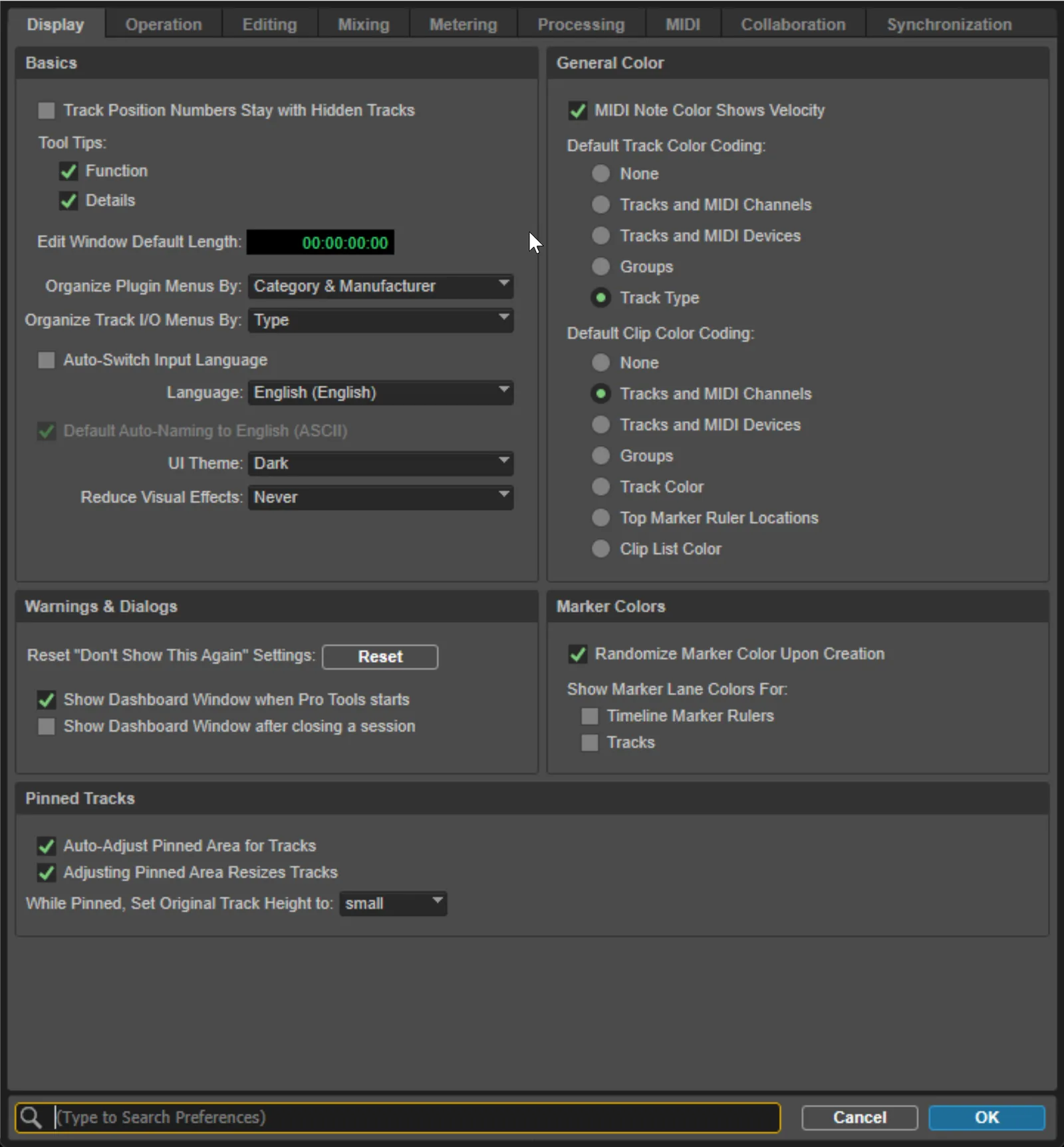 Screenshot of the Pro Tools Preferences Display tab with the Organize Plug-in Menu set to Category and Manufacturer and Track Color Coding set to Track Type.