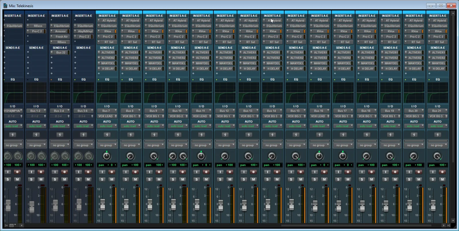 Screenshot of the Pro Tools Mix Window displaying vertical channel strips with faders, pan knobs, insert slots, and send slots arranged like a mixing console.