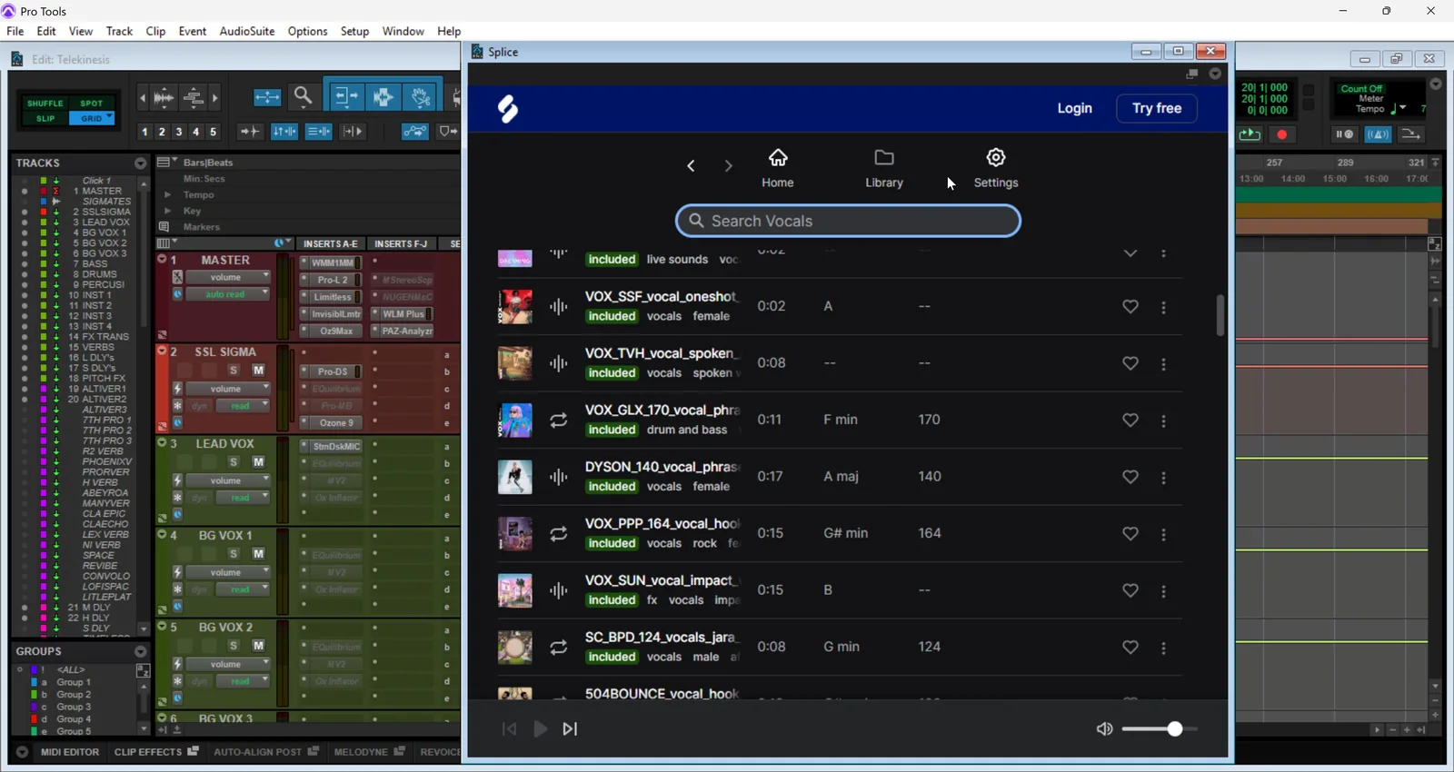 Screenshot of the Splice sample browser panel docked inside Pro Tools showing a search field, filter controls, and a list of royalty-free audio samples.