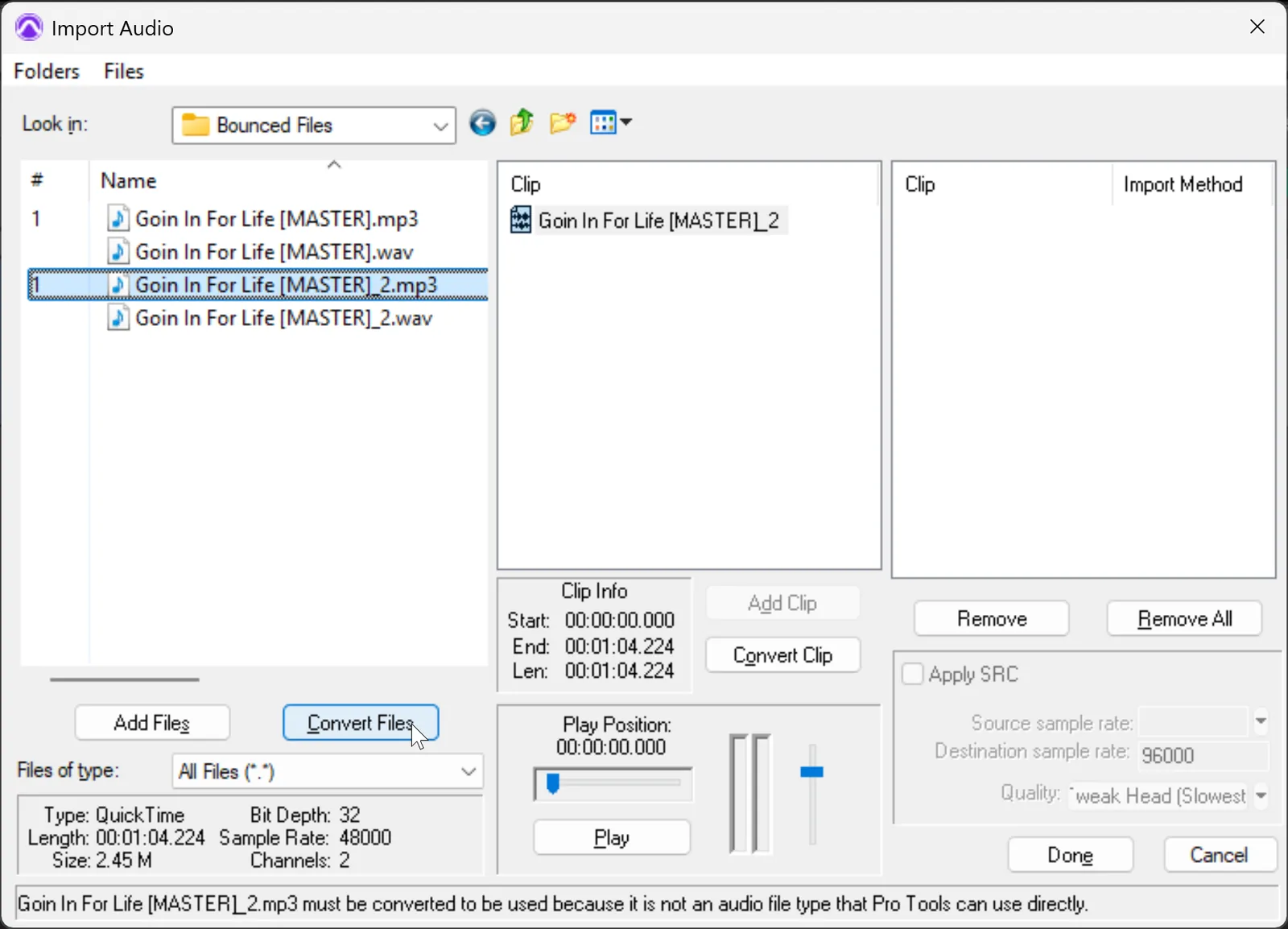 Screenshot of the Pro Tools Import Audio dialog showing file browser, waveform preview, and Convert versus Add selection options at the bottom.