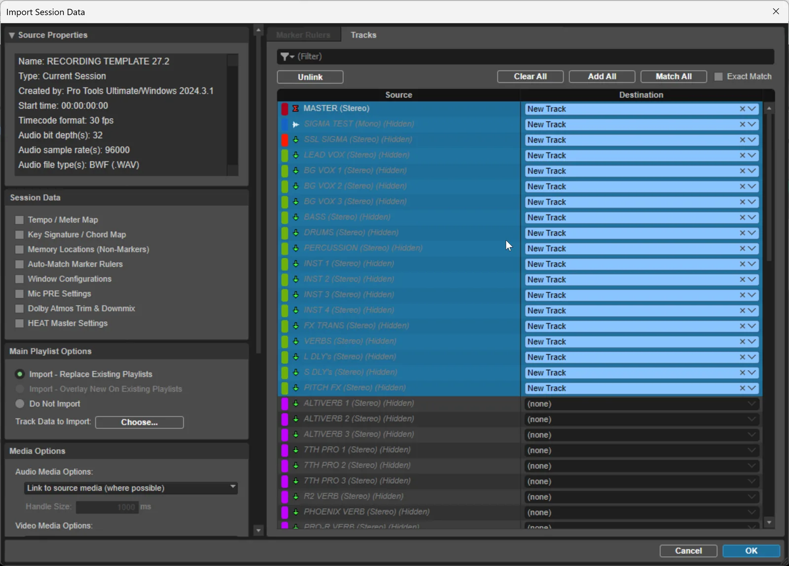 Screenshot of the Pro Tools Import Session Data dialog showing a track list with checkboxes to select which tracks, markers, and settings to import from a source session.