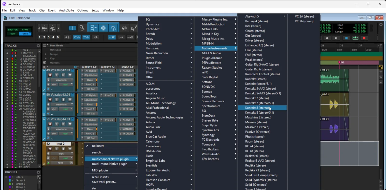 Screenshot of a Pro Tools Instrument track showing the insert slot menu open with Multichannel Plug-in and Instrument submenus expanded, listing available virtual instruments.