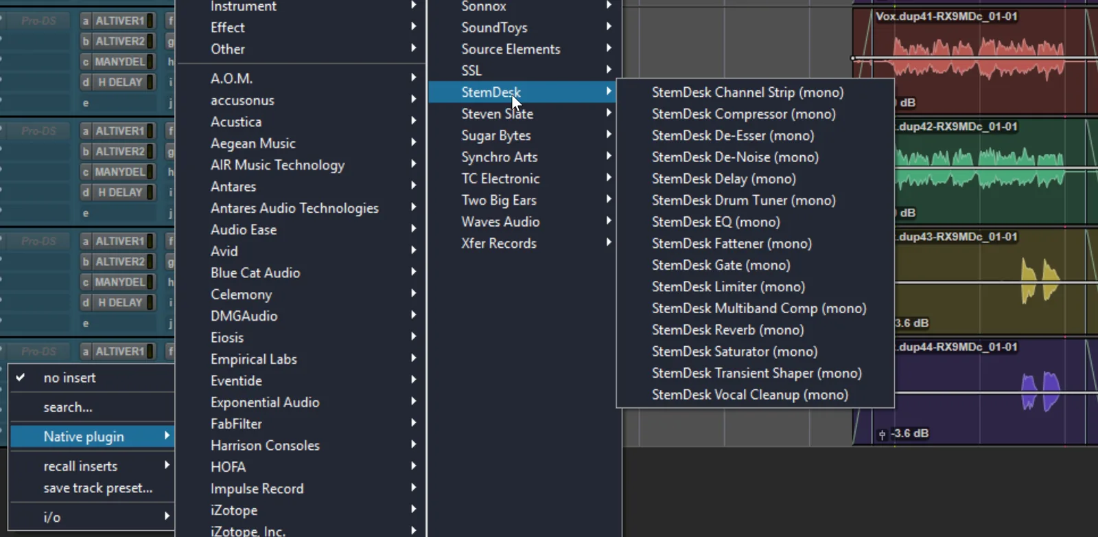 Screenshot of the Pro Tools Insert slot menu open, showing plugin categories and manufacturers organized in a hierarchical list.
