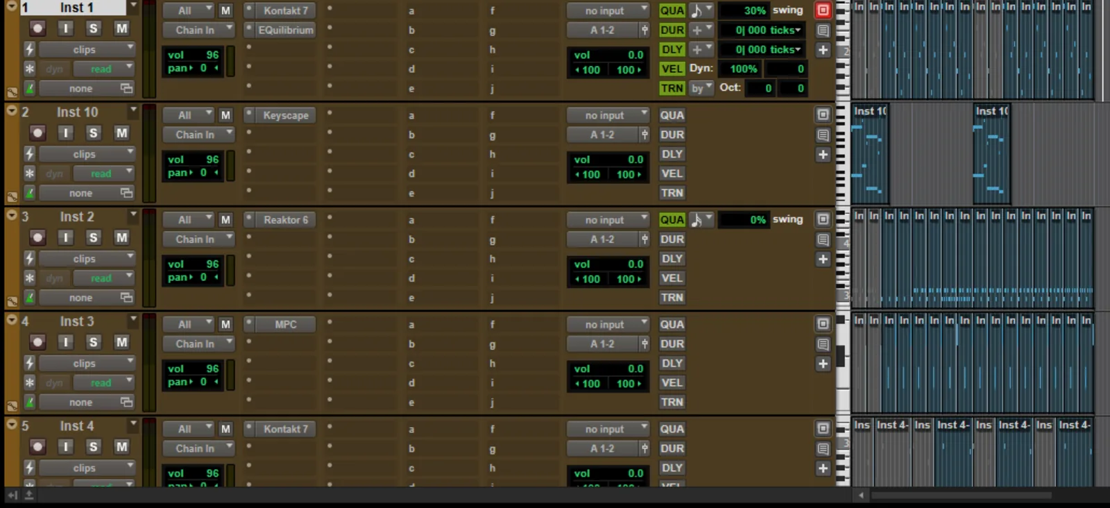 Screenshot of the Pro Tools Edit Window showing MIDI tracks with Real-Time Properties columns for Quantize, Duration, Delay, Velocity, and Transpose.