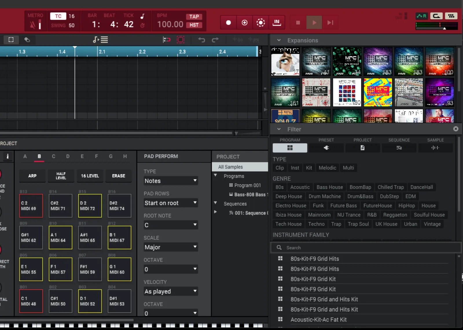 Screenshot of the Akai MPC software plugin open inside a Pro Tools session on an Instrument track, showing its pad grid and sequencer interface.