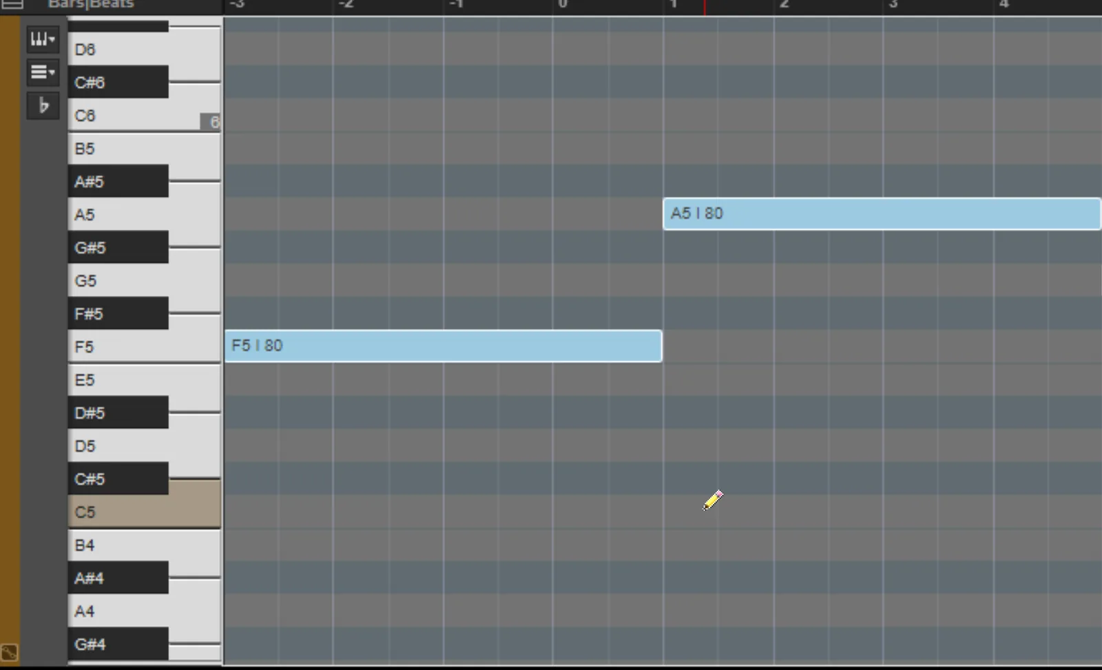 Screenshot of the Pro Tools MIDI Editor piano roll with the Pencil tool active and MIDI notes drawn at various pitches.