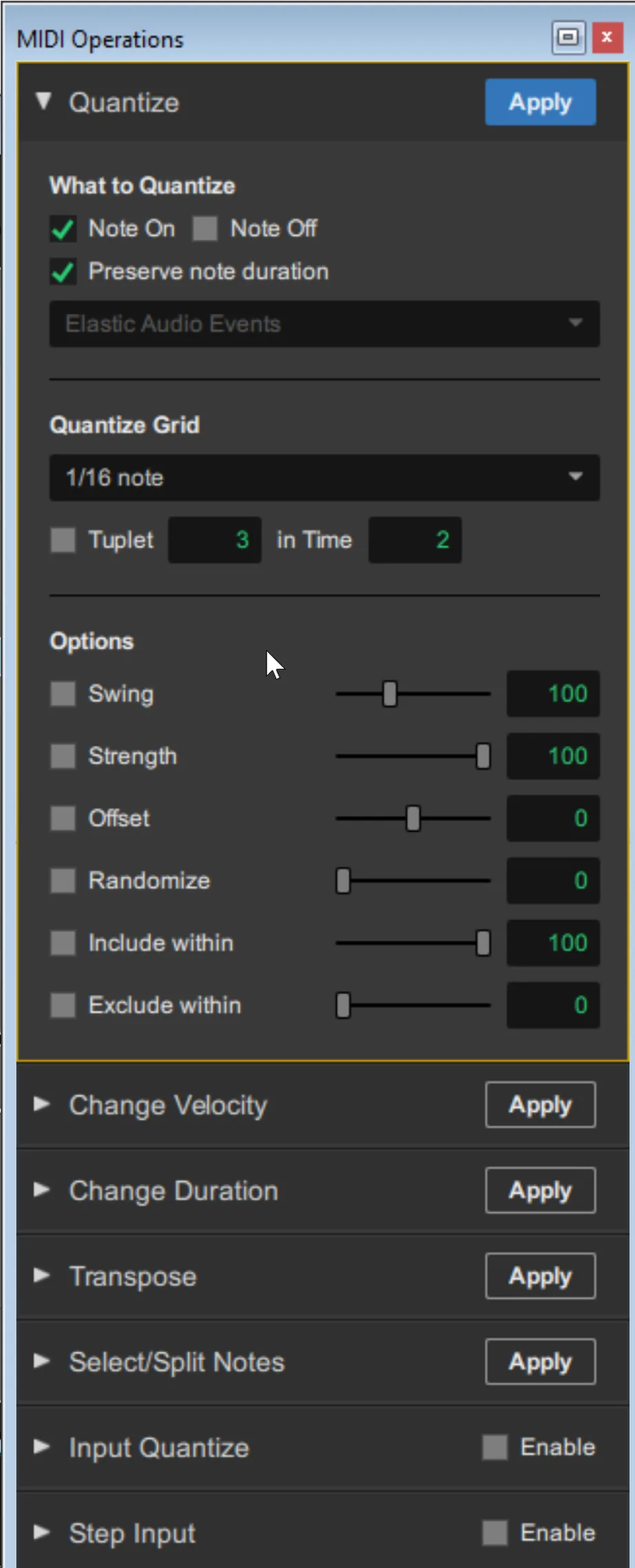 Screenshot of the Pro Tools MIDI Operations Quantize dialog, showing grid resolution, Strength, and Swing percentage controls.