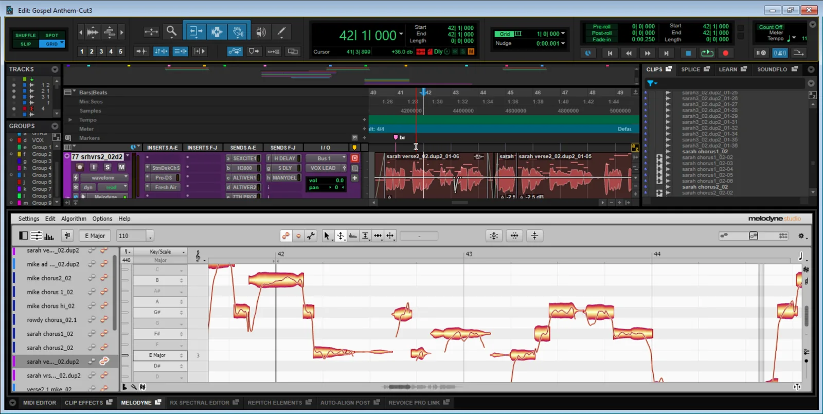 Screenshot of the Pro Tools Edit window showing Melodyne pitch blobs overlaid directly on a vocal clip in the timeline via ARA2 integration.