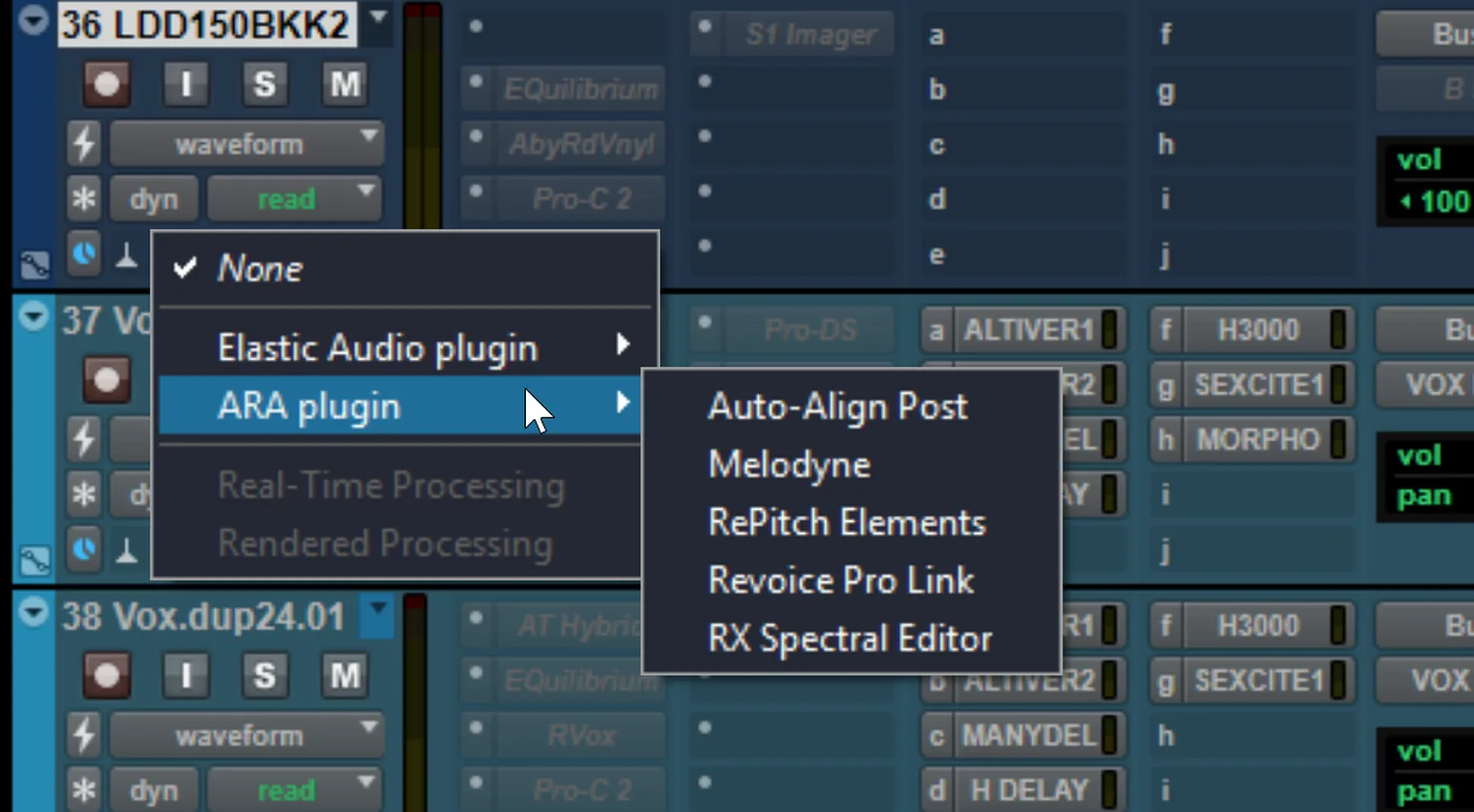 Screenshot of a Pro Tools track showing the ARA plugin selector menu with options including Melodyne, VocAlign, Revoice Pro, and iZotope RX Spectral Editor.
