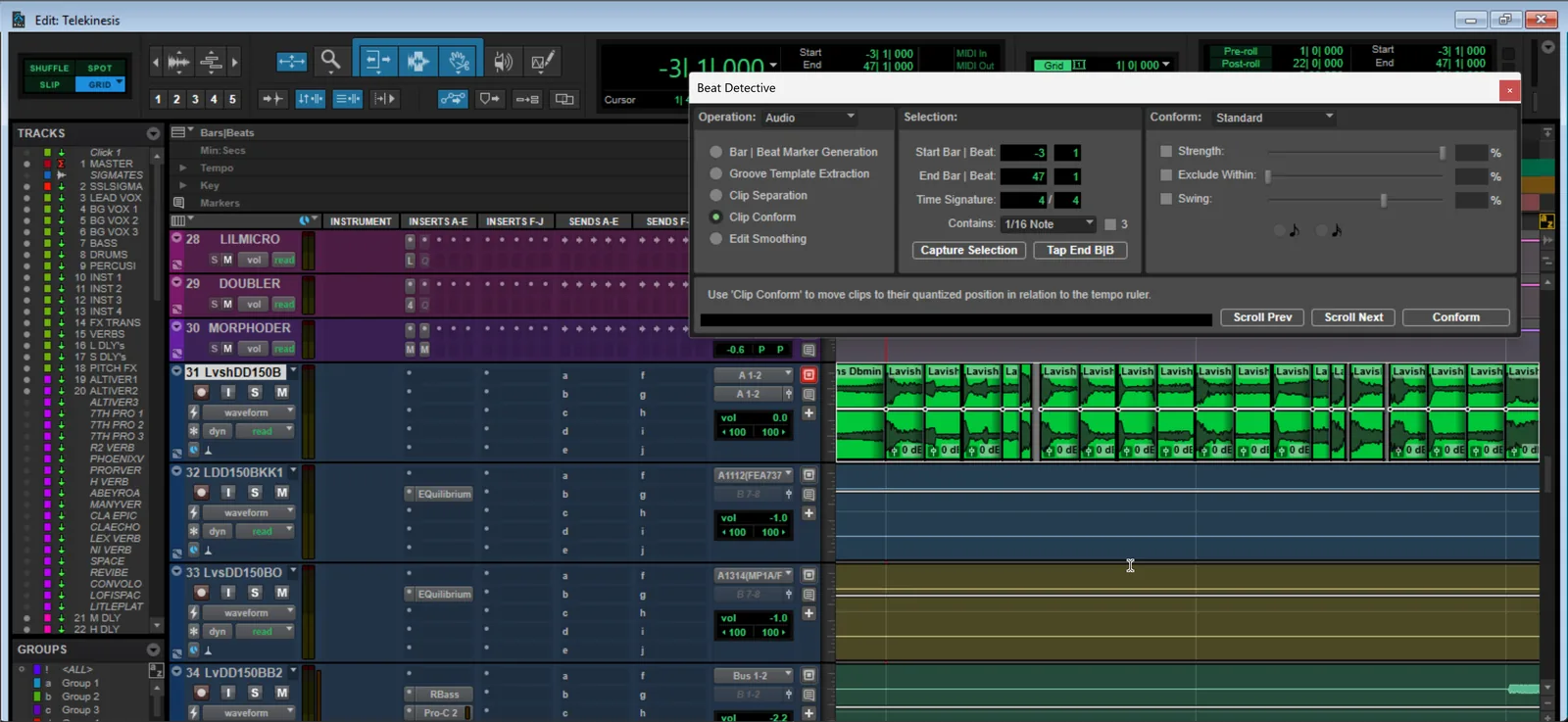 Screenshot of the Beat Detective plugin window in Pro Tools showing the Operation list with Clip Conform selected and the Conform panel's Strength, Exclude Within, and Swing controls.