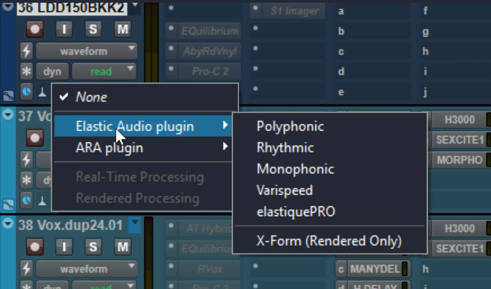 Screenshot of a Pro Tools track header showing the Elastic Audio mode dropdown menu with algorithm options including Polyphonic, Monophonic, Rhythmic, Varispeed, X-Form, and elastique Pro.