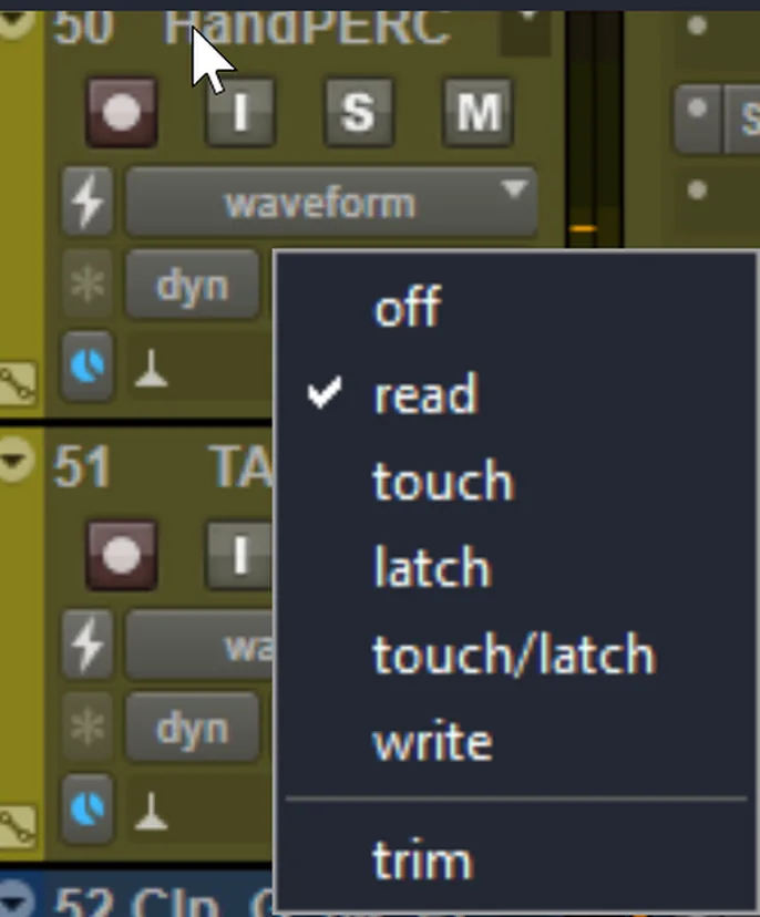 Screenshot of the Pro Tools automation-mode selector button on a track showing the available modes including Off, Read, Touch, Latch, and Write.