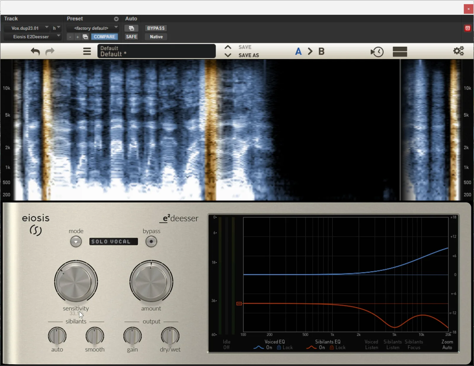 Screenshot of the Eiosis E2 De-Esser plugin interface showing a detected sibilant frequency band highlighted on a vocal track.