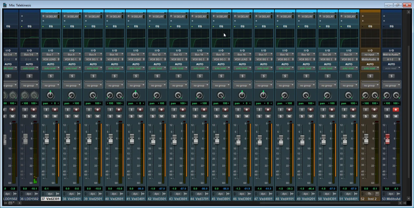 Screenshot of Pro Tools Mix window showing the full mixing template with drum, bass, instrument, vocal, and FX aux group channels arranged left to right.
