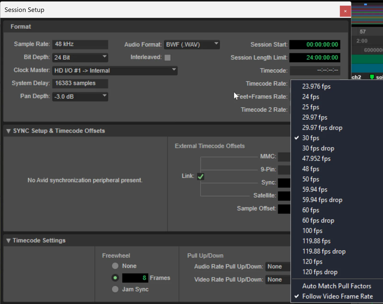 Screenshot of Pro Tools Session Setup dialog showing the timecode rate dropdown menu with frame rate options such as 23.976, 24, 25, 29.97, and 30 fps.