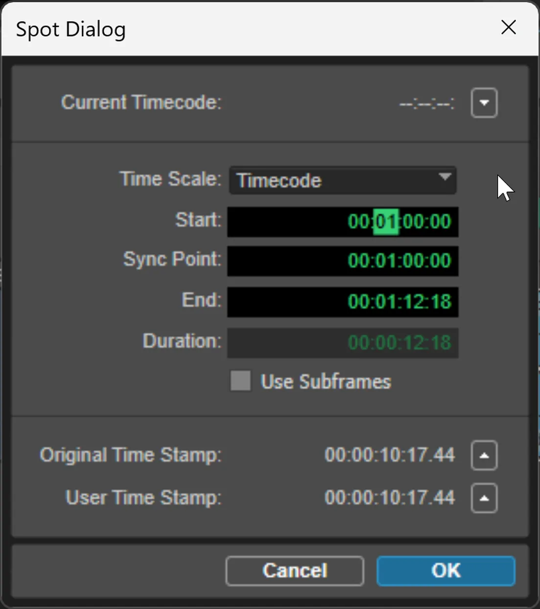 Screenshot of the Pro Tools Spot dialog box with a SMPTE timecode entry field where the user types an exact frame-accurate clip destination.